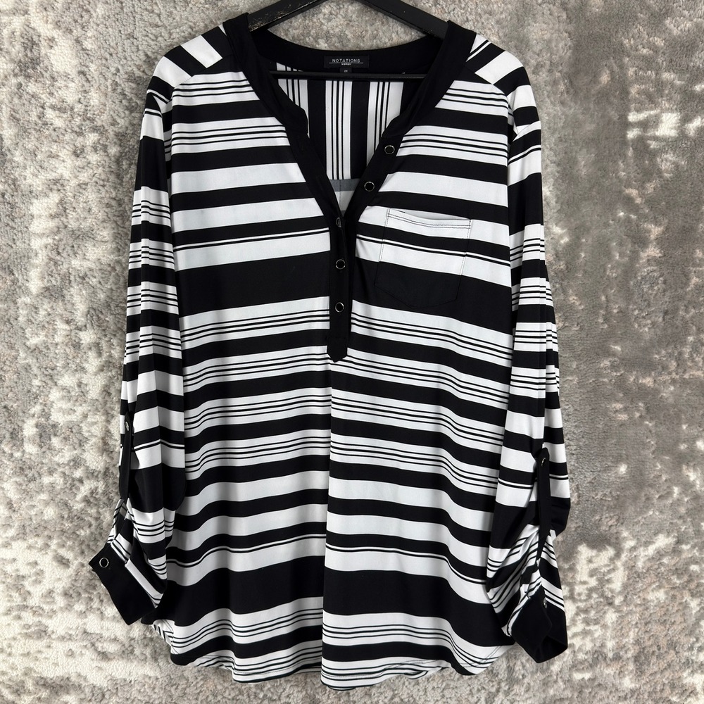Notations Plus Size 2X Striped Henley Roll Tab Sleeve Blouse‎ Black White Long
